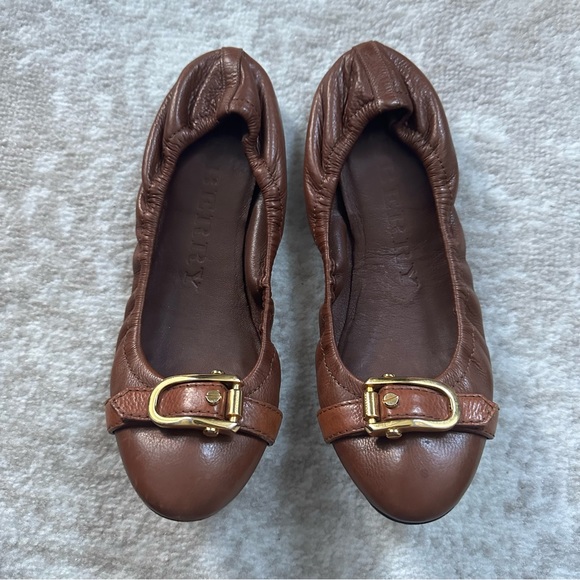 Burberry Shoes - Burberry Leather Rounded Toe Flats Brown with Gold Buckle